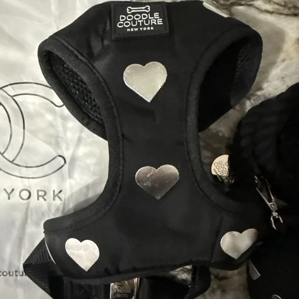 DOODLE COUTURE - Black W/Hearts Dog Harness, Leash & Poop Bag Holder Set-Small